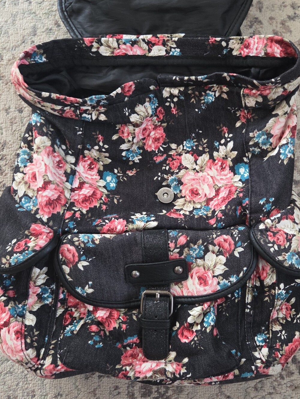 Olsenboye Black Floral Canvas Backpack Black Faux Leather Trim Boho Rucksack - Picture 5 of 11